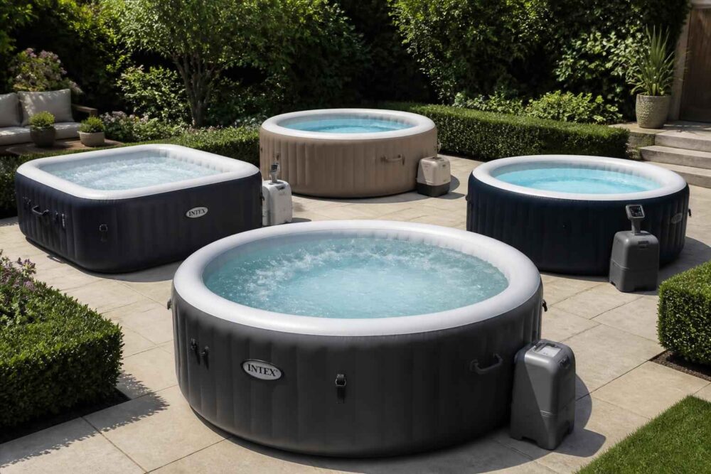 Cztery dmuchane jacuzzi ustawione na wyłożonym płytami tarasie w słonecznym ogrodzie