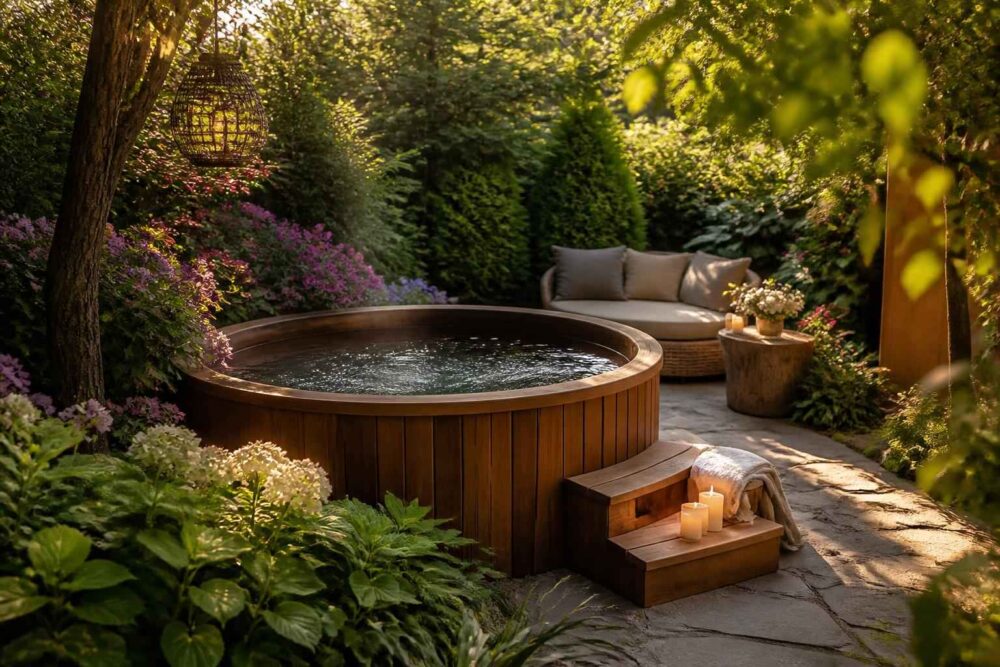 Okrągłe jacuzzi z drewnianą obudową w zacisznym ogrodzie obok sofy, kwiatów i kamiennej ścieżki