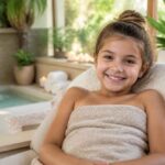 Uśmiechnięta dziewczynka owinięta ręcznikiem siedzi przy domowym basenie spa ksi.