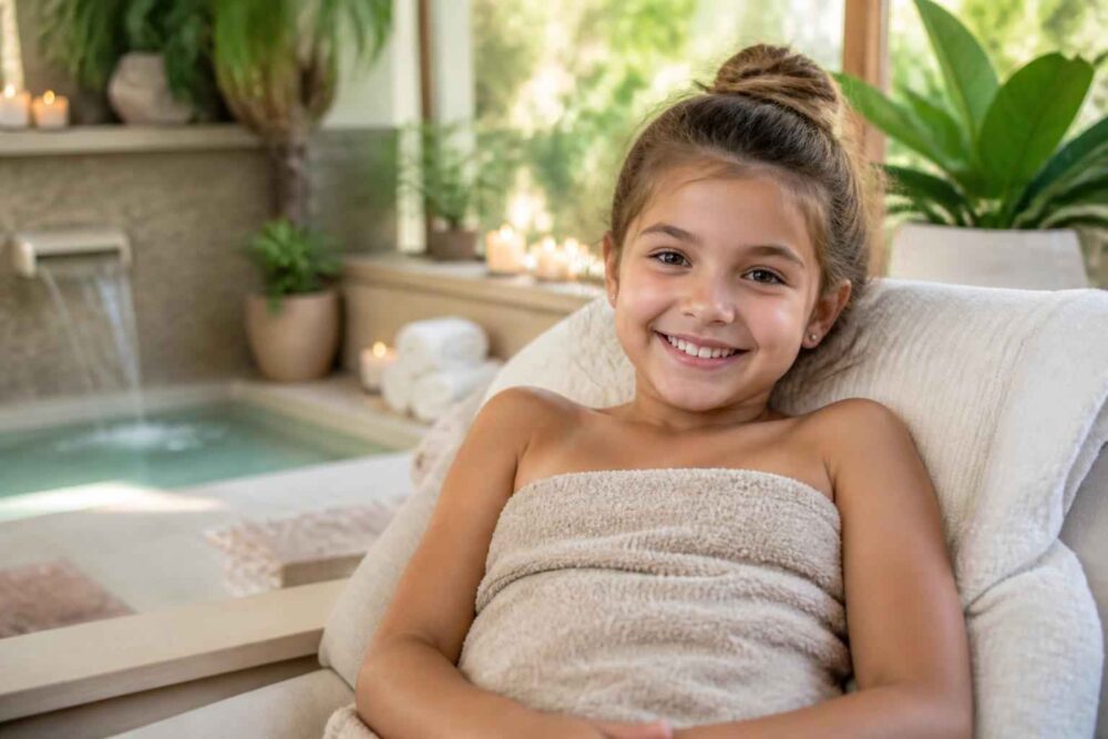 Uśmiechnięta dziewczynka owinięta ręcznikiem siedzi przy domowym basenie spa ksi.