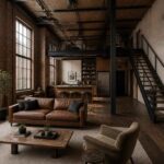Przytulny loft z ceglaną ścianą, dużymi oknami, skórzaną sofą i drewnianymi meblami