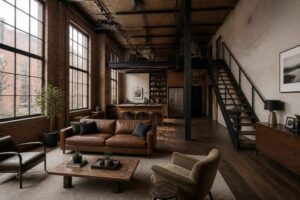 Przytulny loft z ceglaną ścianą, dużymi oknami, skórzaną sofą i drewnianymi meblami