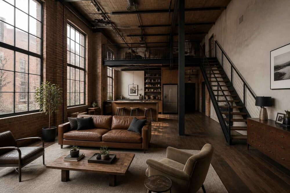 Przytulny loft z ceglaną ścianą, dużymi oknami, skórzaną sofą i drewnianymi meblami