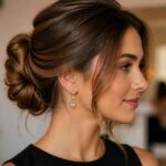 Profil kobiety z ciemnymi włosami upiętymi w kok, na tle świątecznych świateł