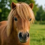 Brązowy kucyk z jasną grzywą stojący na zielonej łące pod drzewami