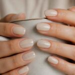 Dłonie z beżowymi paznokciami trzymające ceramiczną filiżankę kawo