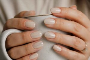 Dłonie z beżowymi paznokciami trzymające ceramiczną filiżankę kawo