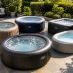 Pięć dmuchanych jacuzzi ustawionych na tarasie w słonecznym ogrodzie