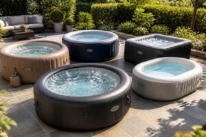 Pięć dmuchanych jacuzzi ustawionych na tarasie w słonecznym ogrodzie