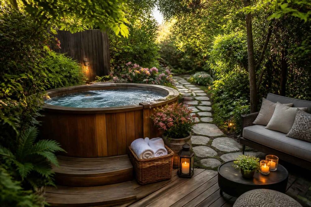 Drewniane jacuzzi w ogrodzie z kamienną ścieżką, sofą i zapalonymi lampionami stwarzającymi nastrojowy klimat