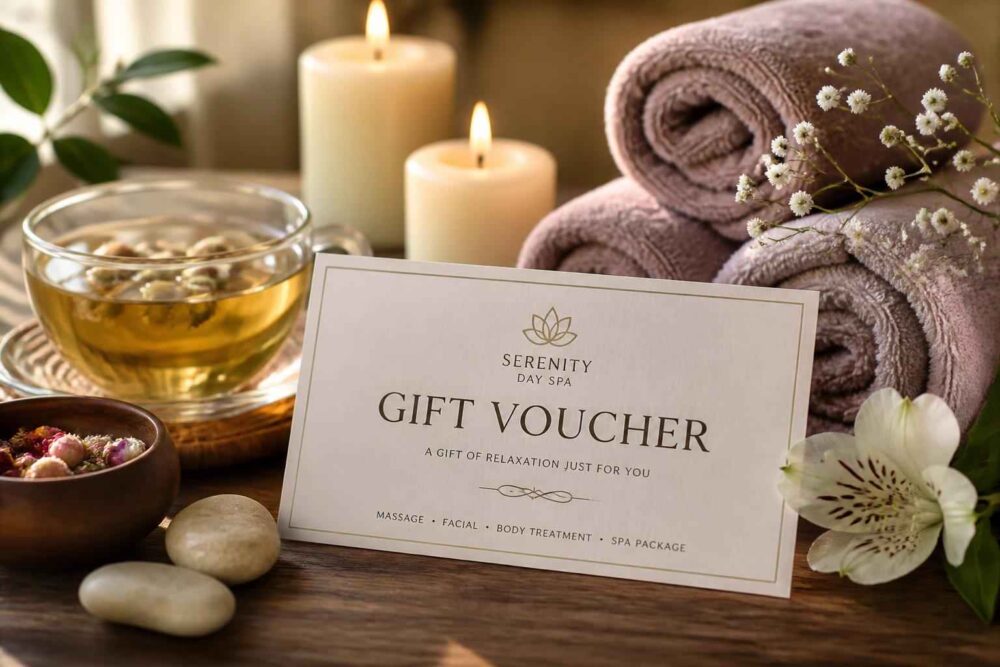 Voucher do spa na drewnianym stole obok herbaty, świec, ręczników i kamieni do masażu